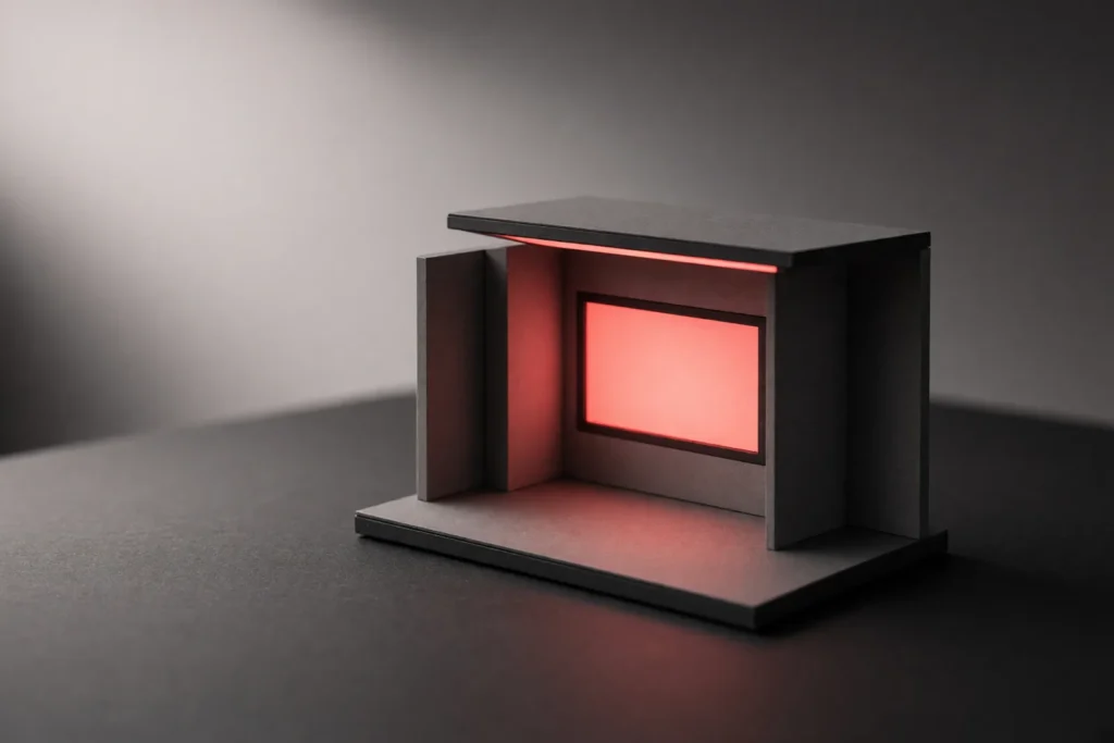 A miniature exhibition booth model with a glowing coral screen.