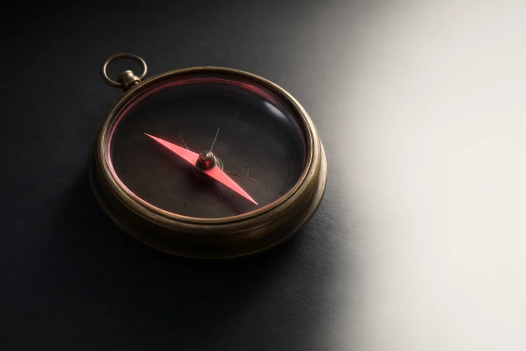A brass compass with a glowing coral needle on a dark surface.