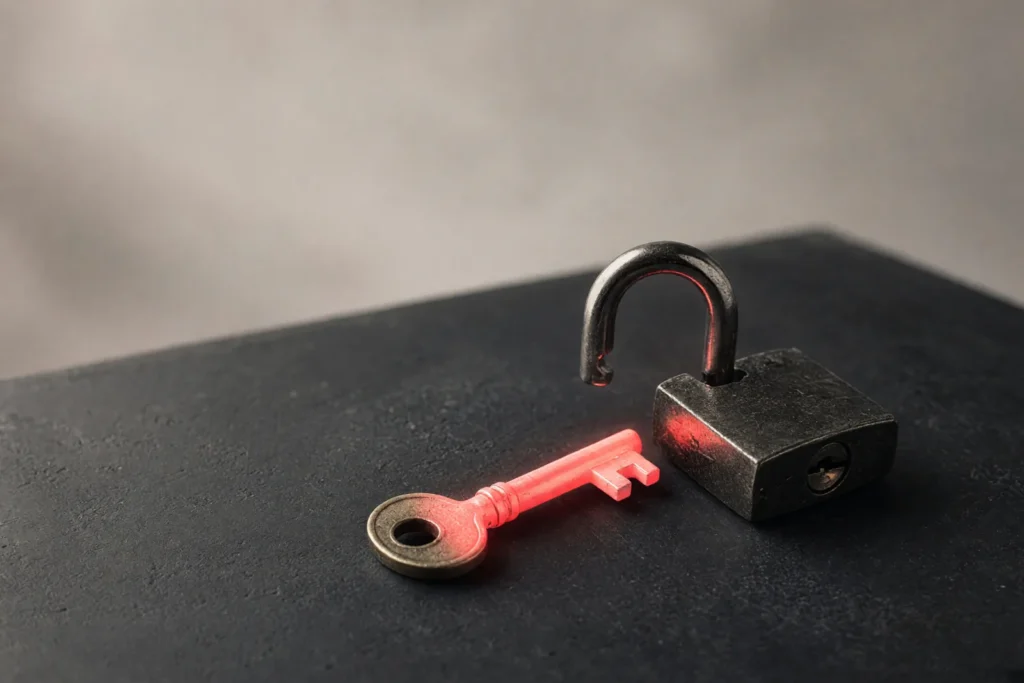 A brass key beside an unlocked padlock glowing coral pink.