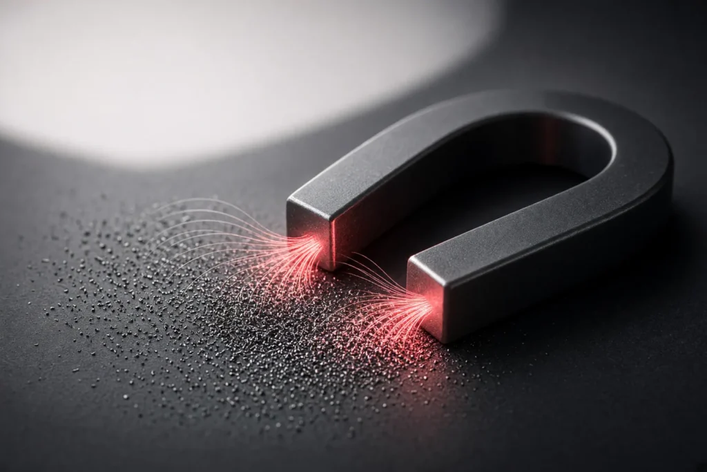 A dark magnet pulling steel filings, those near the poles glowing coral.